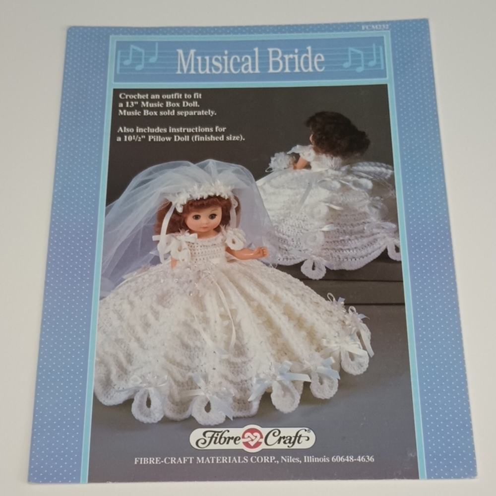 3/$15 VTG Musical Bride 13" Music Box Doll Crochet Pattern Fibre Craft FCM163